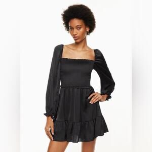NEW Wilfred Aritzia Tempest Mini Dress Womens M Black Satin Ruffled Smocked